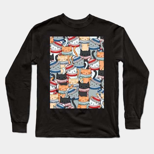 Cats in Winter Scarves & Hats Pattern Long Sleeve T-Shirt by tanyadraws